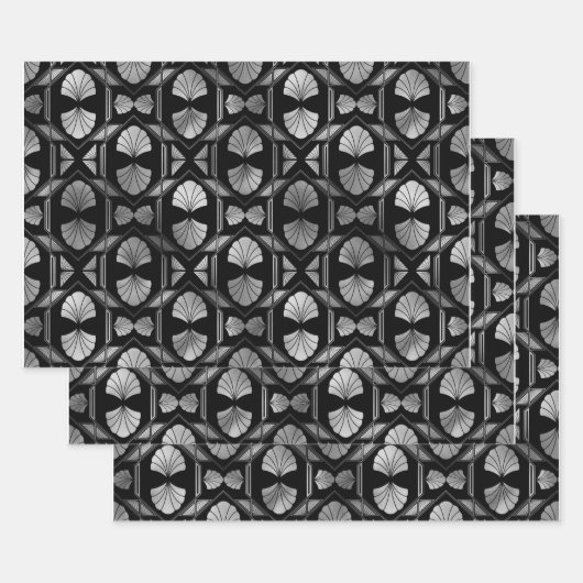 Silver Art Deco Shells op Black Inpakpapier Vel (Set)