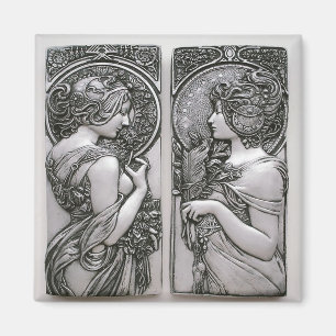 Silver, Art nouveau, design, vrouw twins, Mucha Magneet