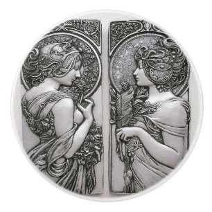 Silver, Art nouveau, design, vrouwen, Mucha, beaut Keramische Knop