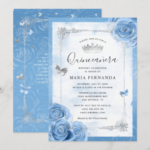 Silver Bahama Blue Rozen Elegant Quinceanera Kaart