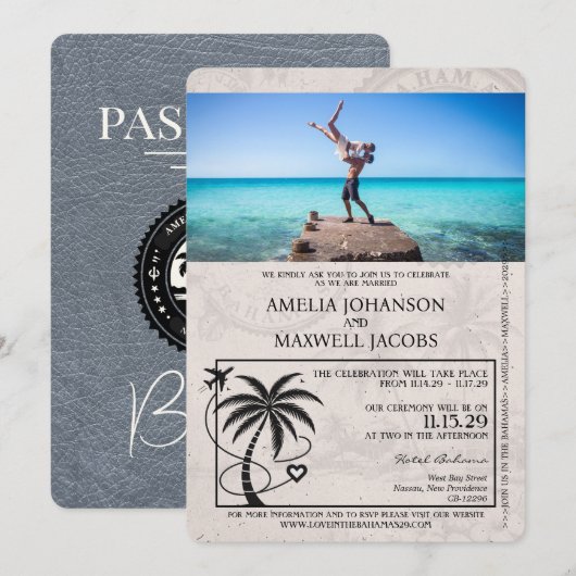 Silver Bahamas Passport Wedding Invitation Kaart (Voorkant / Achterkant)