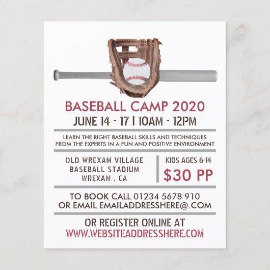 Silver Baseball Bat & Gear Baseball Camp Advert Flyer (Voorkant)