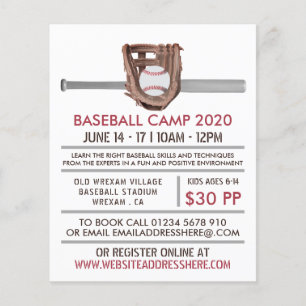 Silver Baseball Bat & Gear Baseball Camp Advert Flyer