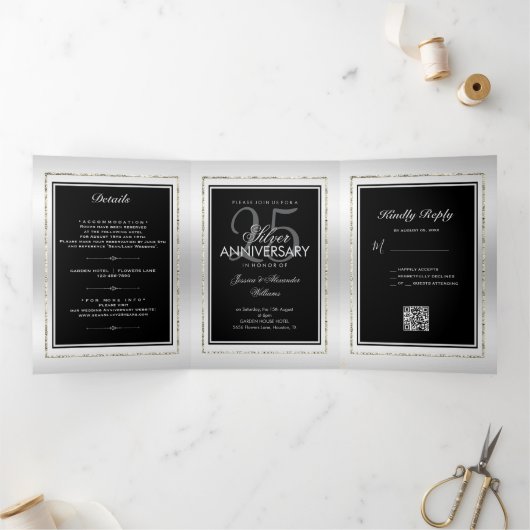 Silver & Black 25th Wedding Jubileum QR Code Drieluik Aankondiging (Binnen)