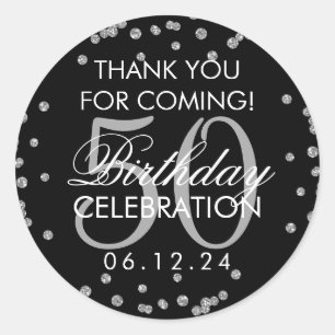 Silver Black 50th Birthday Hartelijk dank, Confett Ronde Sticker