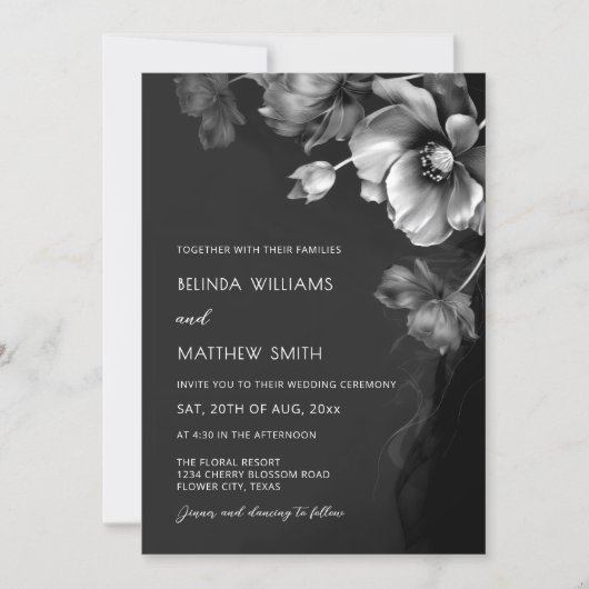 Silver Black And White Flowers Wedding Invitation (Devant)