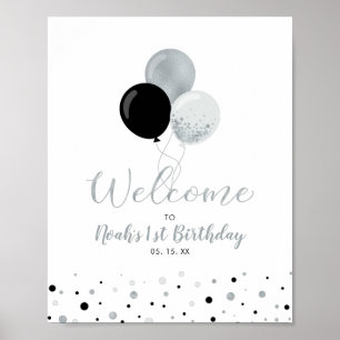 Silver & Black Balloons Boy 1 Birthday Welkom Poster