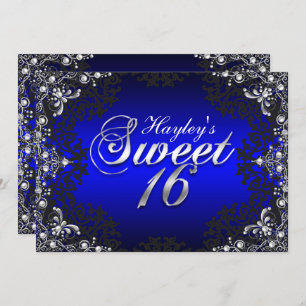 Silver Black Blue Pearl Damask Sweet 16 Invitation
