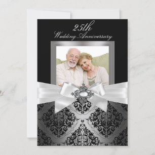 Silver Black Bow & Damask 25th Wedding Jubileum Kaart