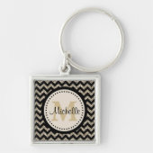 Silver Black Chevron Faux Glitter Monogram Sleutelhanger (Voorkant)
