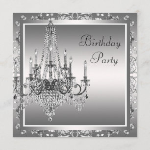 Silver Black Damask Chandelier Birthday Party Kaart