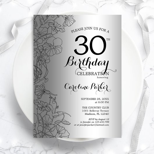 Silver Black Floral 30th Birthday Party Kaart
