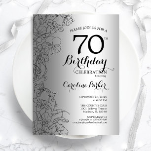 Silver Black Floral 70th Birthday Party Kaart