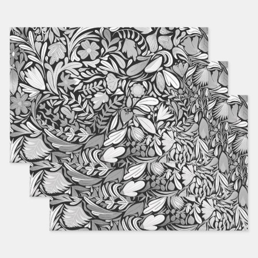 Silver Black Floral Leaves Illustration Pattern Inpakpapier Vel (Set)