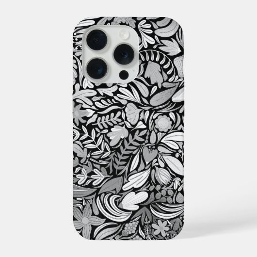 Silver Black Floral Leaves Illustration Pattern iPhone Hoesje (Achterkant)