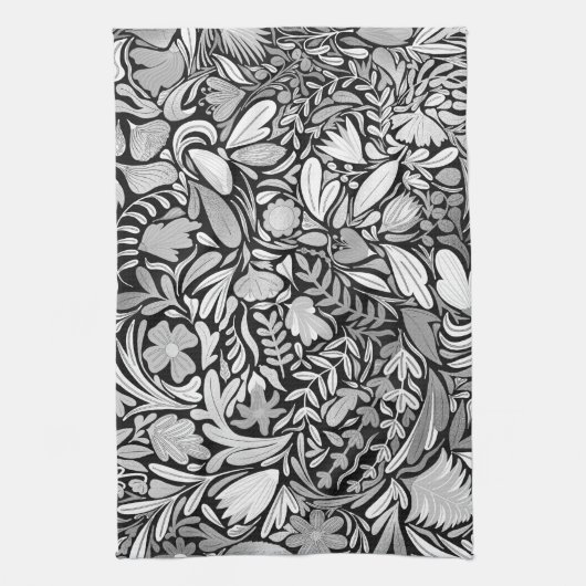 Silver Black Floral Leaves Illustration Pattern Theedoek (Verticaal)