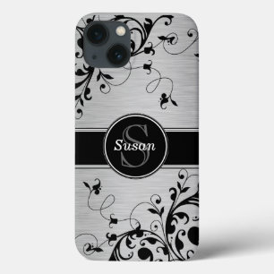 Silver Black Floral Swirls iPhone 13 Hoesje