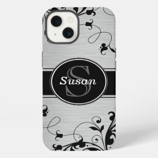 Silver Black Floral Swirls iPhone 13 Hoesje