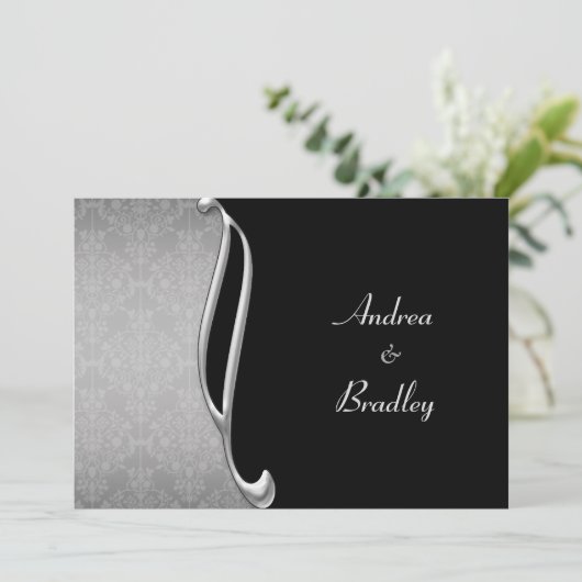 Silver Black Flourish Wedding Invite Kaart (Staand voorkant)