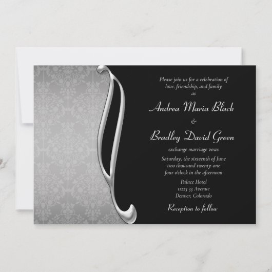 Silver Black Flourish Wedding Invite Kaart (Achterkant)