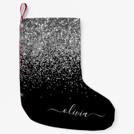 Silver Black Girly Glitter Sparkle Monogram Name Kleine Kerstsok (Voorkant)