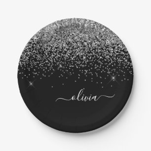 Silver Black Girly Glitter Sparkle Monogram Name Papieren Bordje
