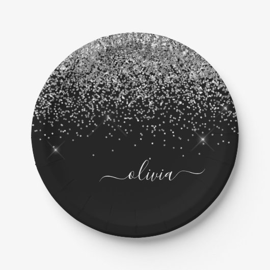 Silver Black Girly Glitter Sparkle Monogram Name Papieren Bordje (Voorkant)