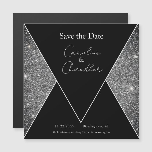 Silver & Black Glam Wedding Bewaar de datum Magnet (Voorkant / Achterkant)