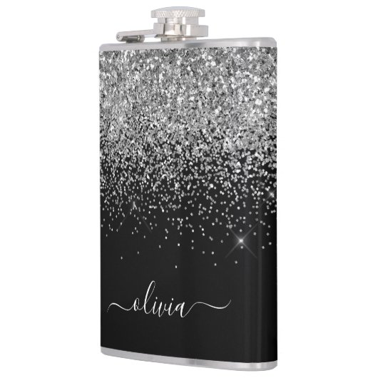 Silver Black Glitter Custom Monogram Name Heupfles (Links)