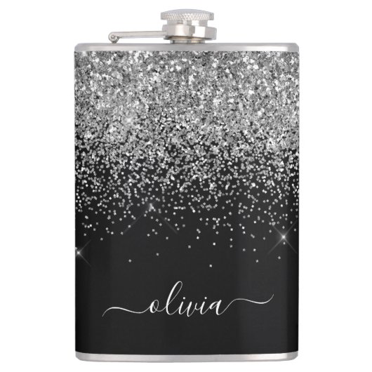 Silver Black Glitter Custom Monogram Name Heupfles (Voorkant)