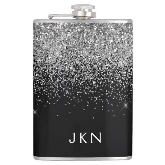 Silver Black Glitter Custom Monogram Name Heupfles (Voorkant)