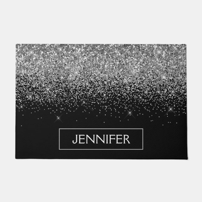 Silver Black Glitter Girly Monogram Naam Deurmat (Voorkant)