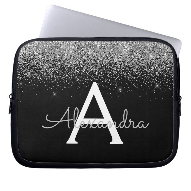 Silver Black Glitter Glam Chic Monogram Laptop Sleeve (Voorkant)