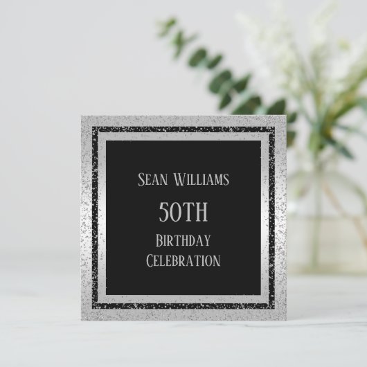 Silver & Black Glitter Ingelijste Man 50ste verjaa Kaart (Staand voorkant)