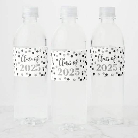 Silver Black Glitter Klasse van 2025 Afstuderen Waterfles Etiket (Flessen)