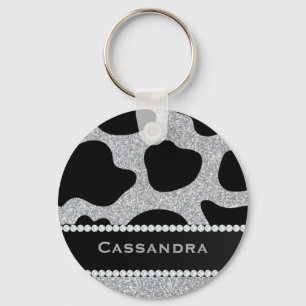 Silver & Black Glitter Koe Print Diamonds Sleutelhanger