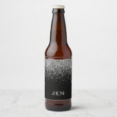 Silver Black Glitter Monogram Girly Name Initials Bier Etiket (Voorkant)