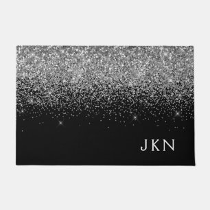 Silver Black Glitter Monogram Girly Name Initials Deurmat