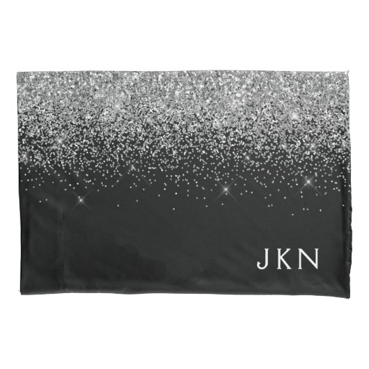 Silver Black Glitter Monogram Girly Name Initials Kussensloop (Voorkant)