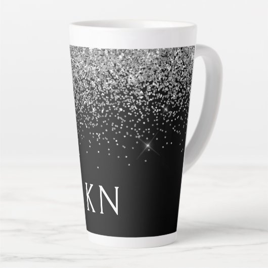 Silver Black Glitter Monogram Girly Name Initials Latte Mok (Rechterhoek)