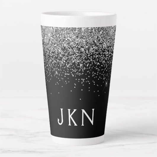 Silver Black Glitter Monogram Girly Name Initials Latte Mok (Voorkant)