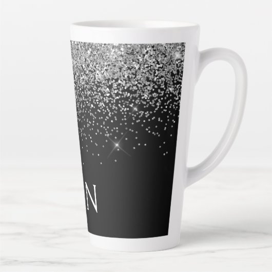 Silver Black Glitter Monogram Girly Name Initials Latte Mok (Rechts)