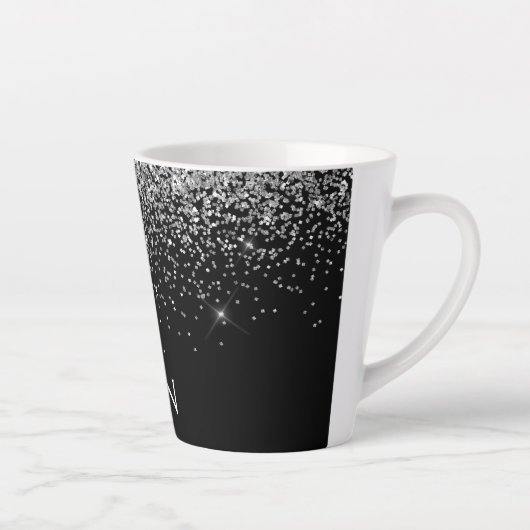 Silver Black Glitter Monogram Girly Name Initials Latte Mok (Rechts)