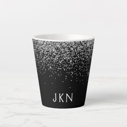 Silver Black Glitter Monogram Girly Name Initials Latte Mok (Voorkant)