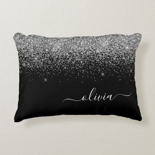 Silver Black Glitter Script Monogram Girly Name Accent Kussen (Voorkant)