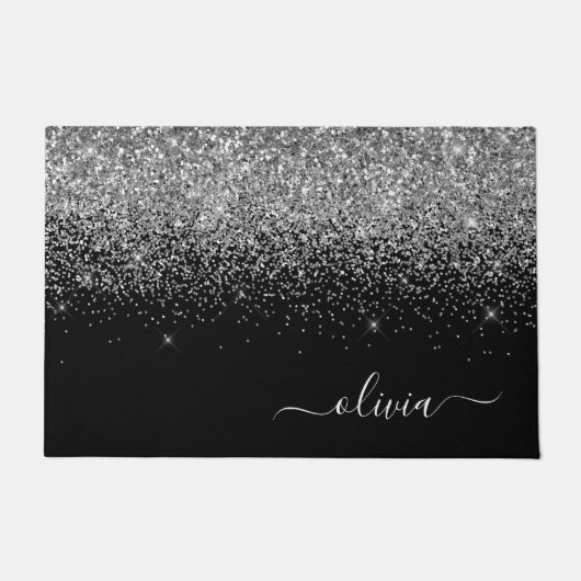 Silver Black Glitter Script Monogram Girly Name Deurmat (Voorkant)