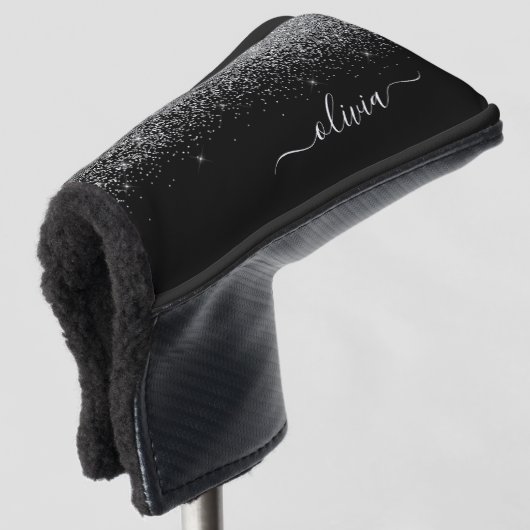 Silver Black Glitter Script Monogram Girly Name Golfheadcover (3/4 voorkant)