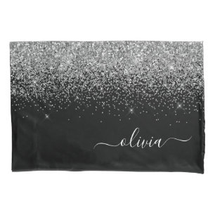 Silver Black Glitter Script Monogram Girly Name Kussensloop