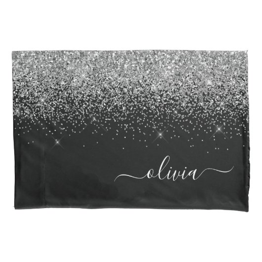 Silver Black Glitter Script Monogram Girly Name Kussensloop (Voorkant)