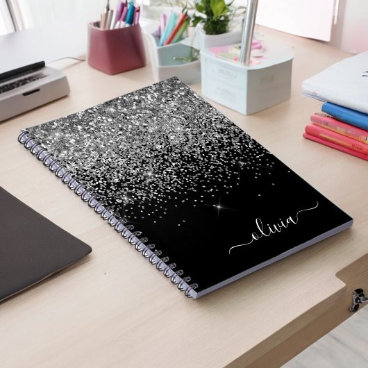 Silver Black Glitter Script Monogram Girly Name Notitieboek